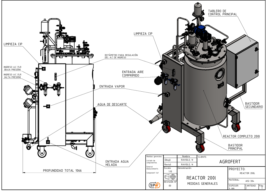 Plano técnico del biorreactor 200l